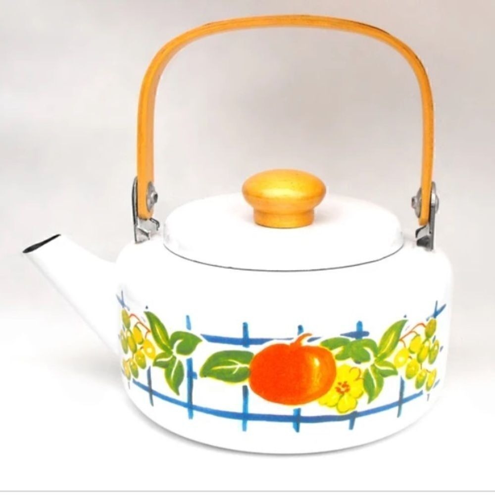 1950's Fruit Persimmon Vintage enamel tea pot kettle floral cottagecore antique
